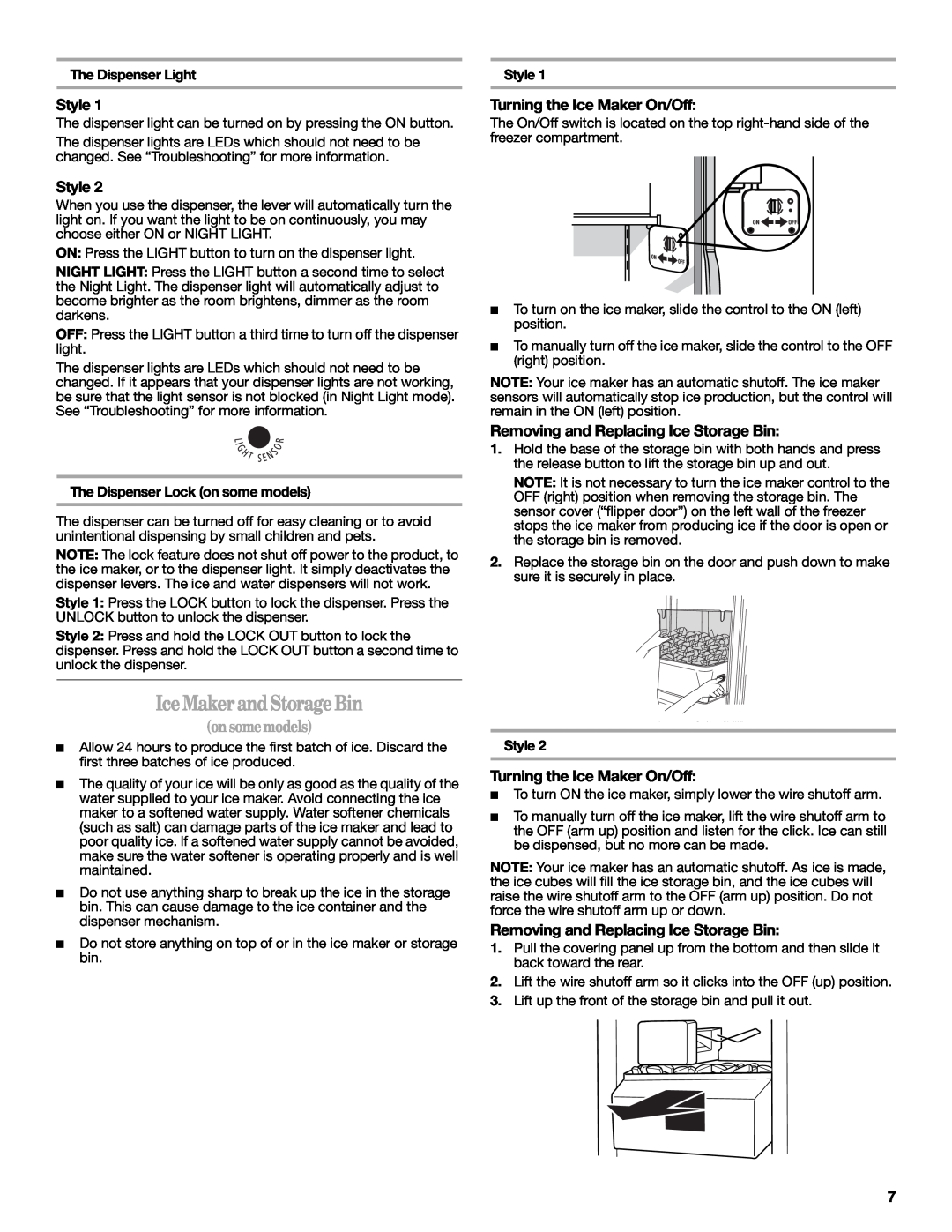 Whirlpool W10346247A Ice Maker and Storage Bin, Turning the Ice Maker On/Off, Removing and Replacing Ice Storage Bin 