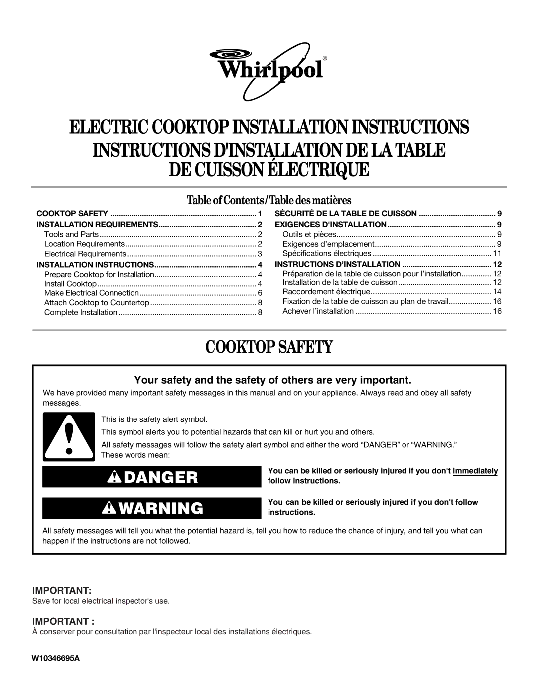 Whirlpool W10346695A installation instructions Cooktop Safety, Table of Contents / Table desmatières 