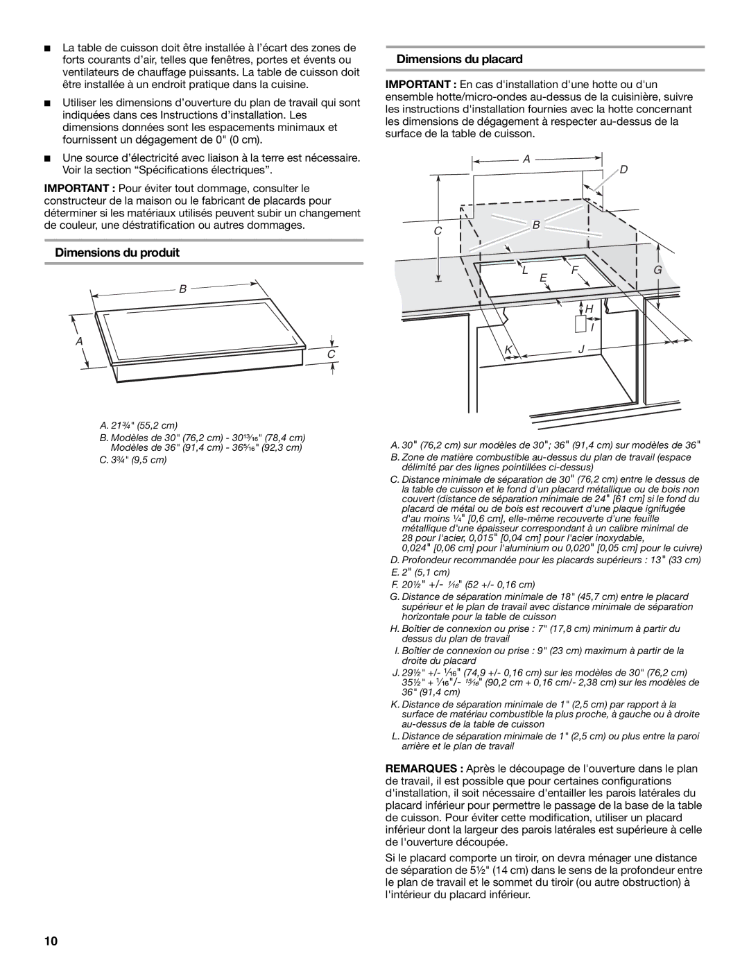 Whirlpool W10346695A installation instructions Dimensions du produit Dimensions du placard 