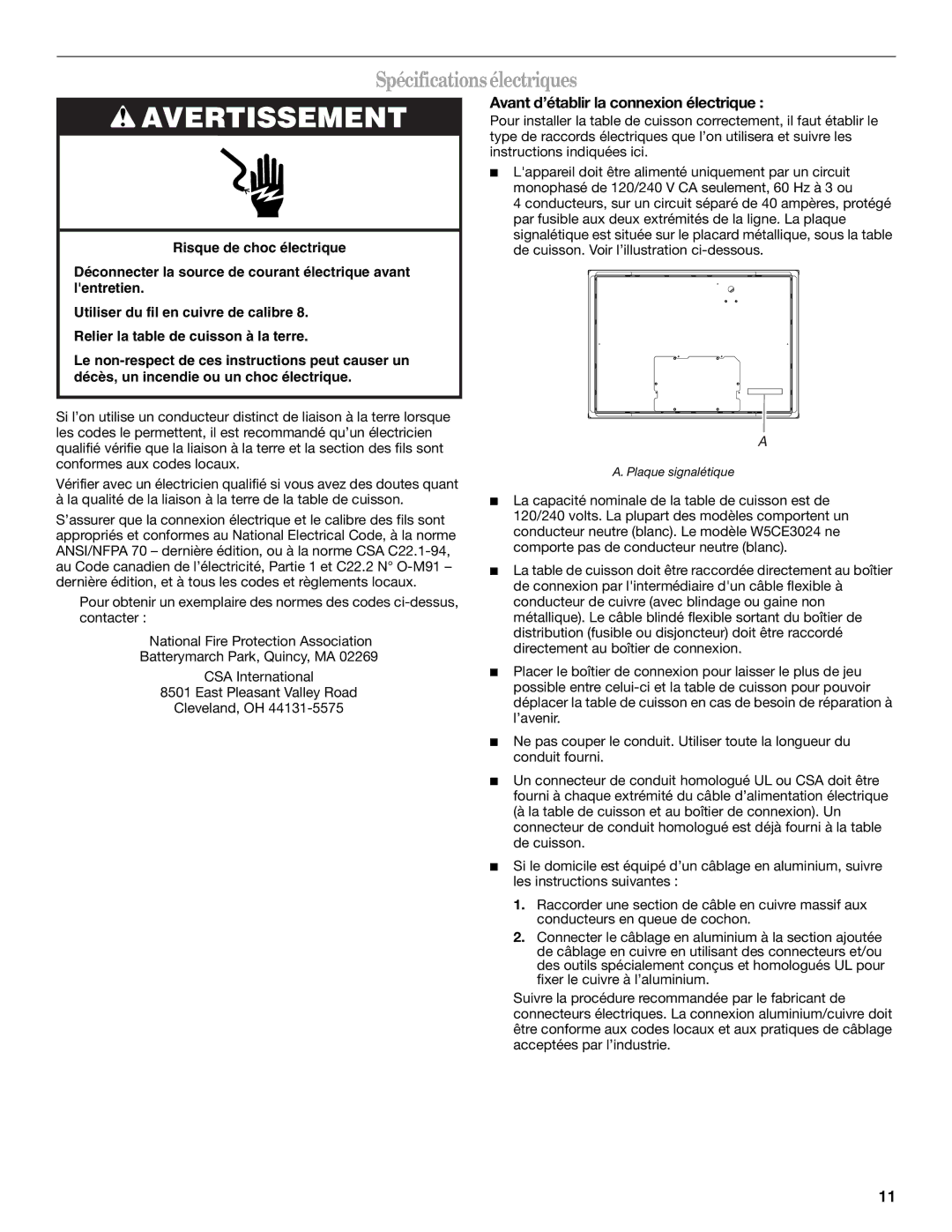 Whirlpool W10346695A installation instructions Spécifications électriques, Avant d’établir la connexion électrique 