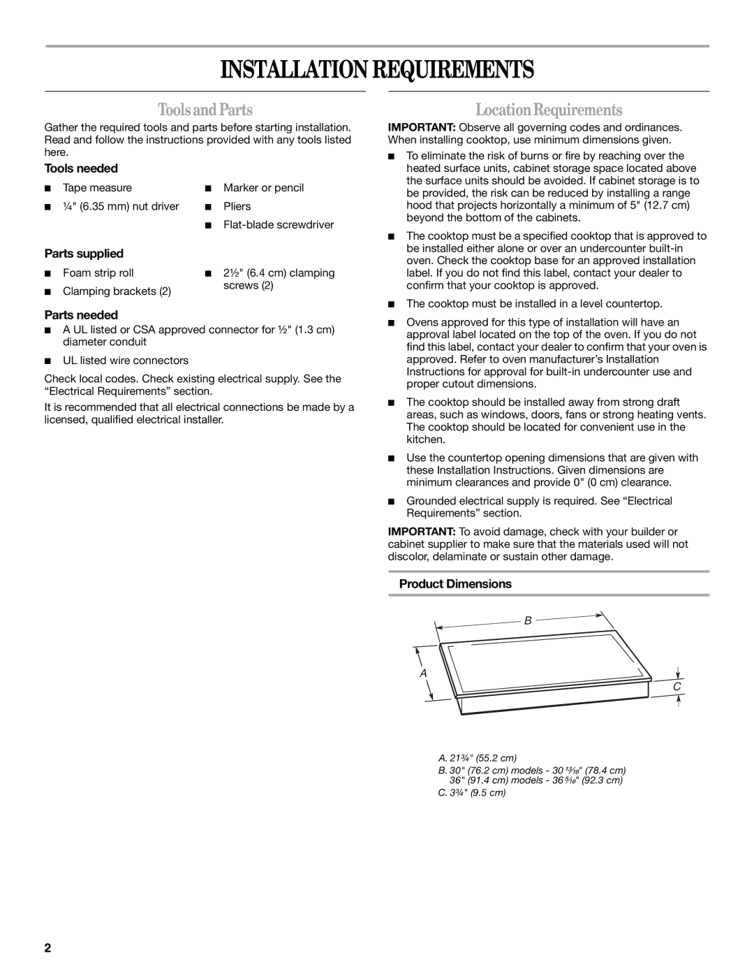 Whirlpool W10346695A installation instructions Installation Requirements, Tools and Parts, LocationRequirements 