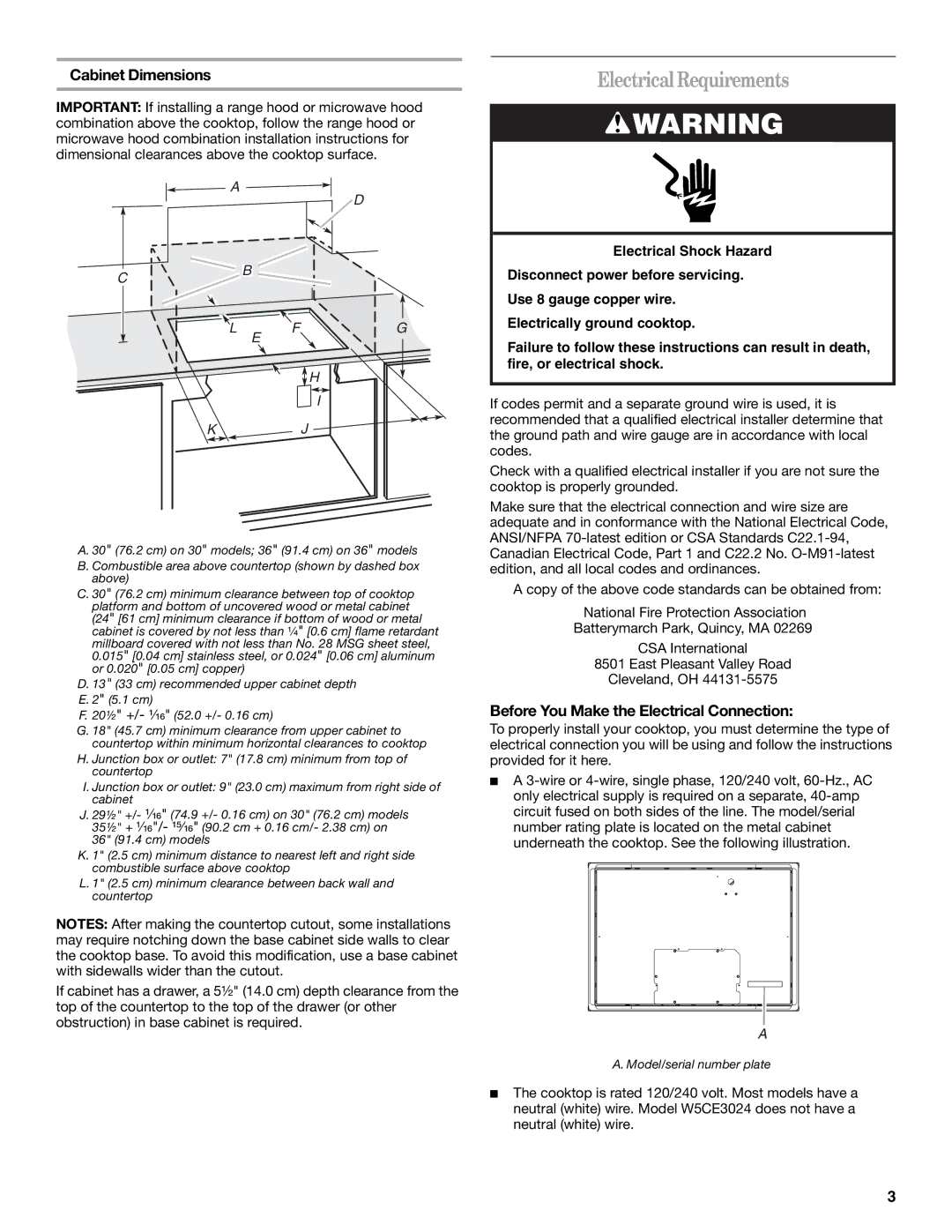 Whirlpool W10346695A Electrical Requirements, Cabinet Dimensions, Before You Make the Electrical Connection 