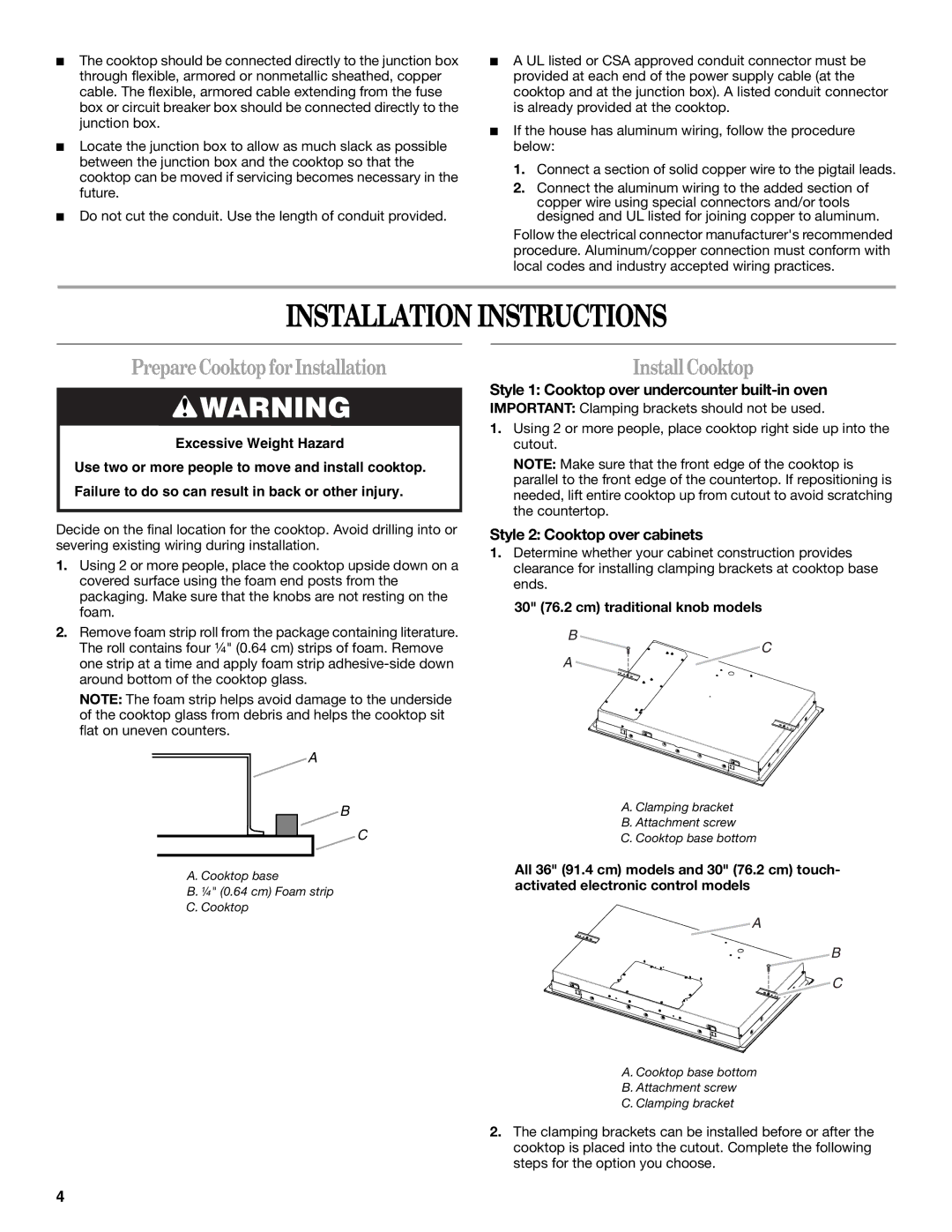 Whirlpool W10346695A installation instructions Installation Instructions, Prepare Cooktop for Installation, Install Cooktop 