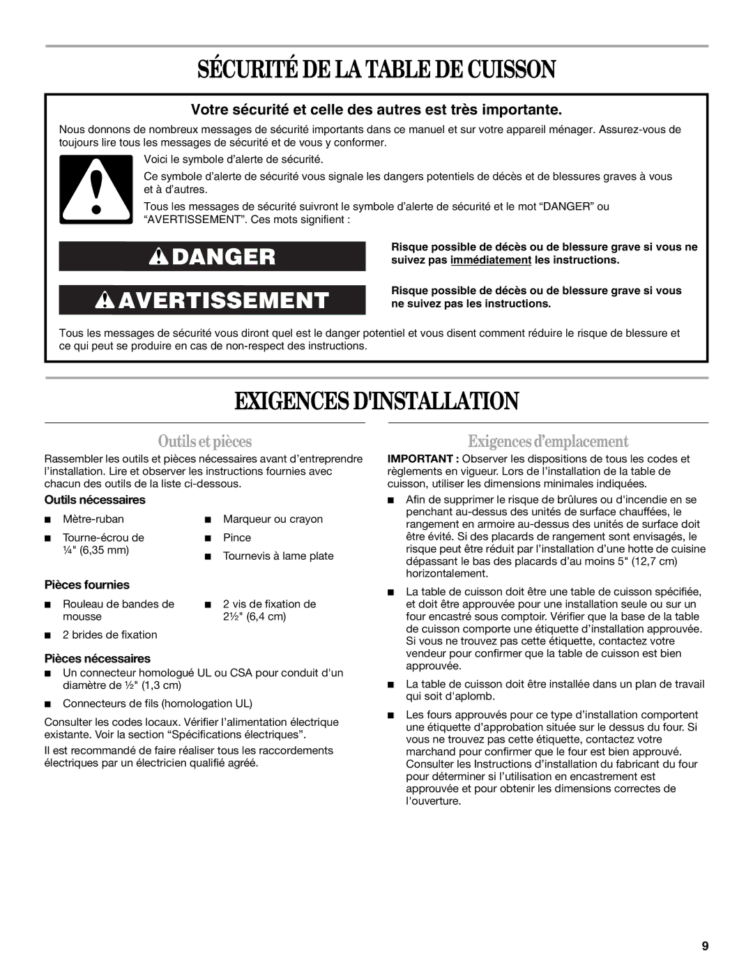 Whirlpool W10346695A Sécurité DE LA Table DE Cuisson, Exigences Dinstallation, Outils et pièces, Exigences d’emplacement 