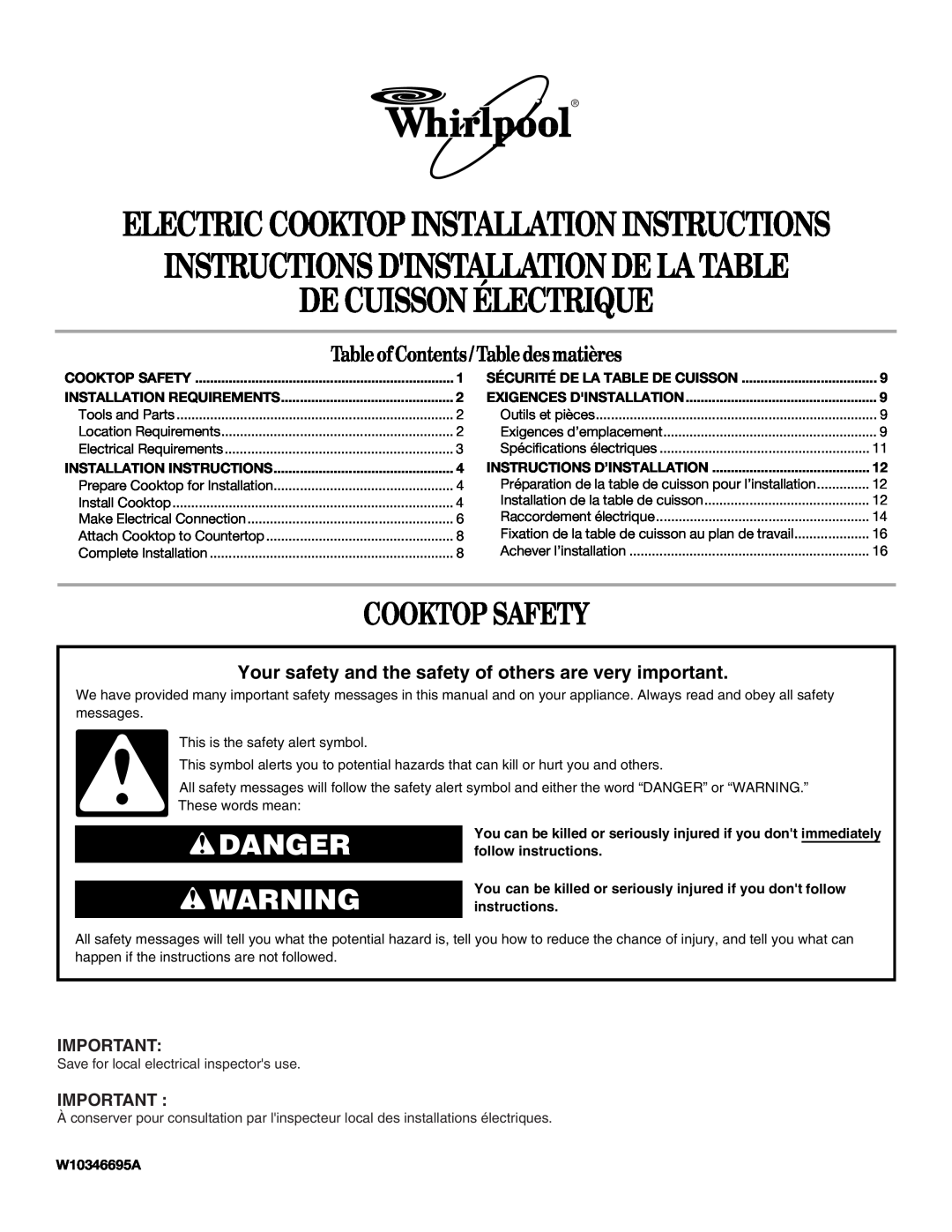 Whirlpool W10346695A installation instructions Cooktop Safety, Danger, Instructions Dinstallation De La Table 