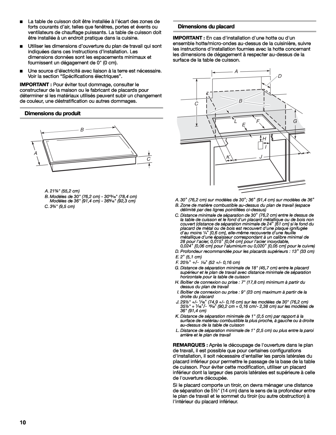 Whirlpool W10346695A installation instructions Dimensions du produit, Dimensions du placard, B A C, A D C B L Fg E H I Kj 