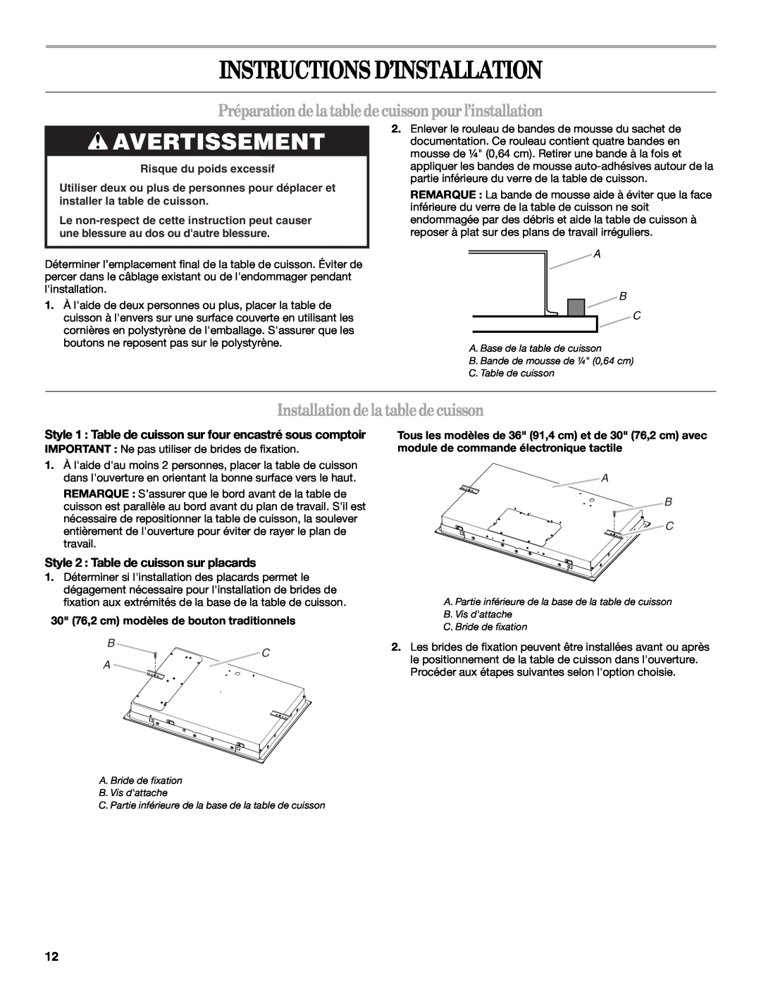 Whirlpool W10346695A Instructions D’Installation, Installation de la tablede cuisson, Avertissement, A B C, B C A 
