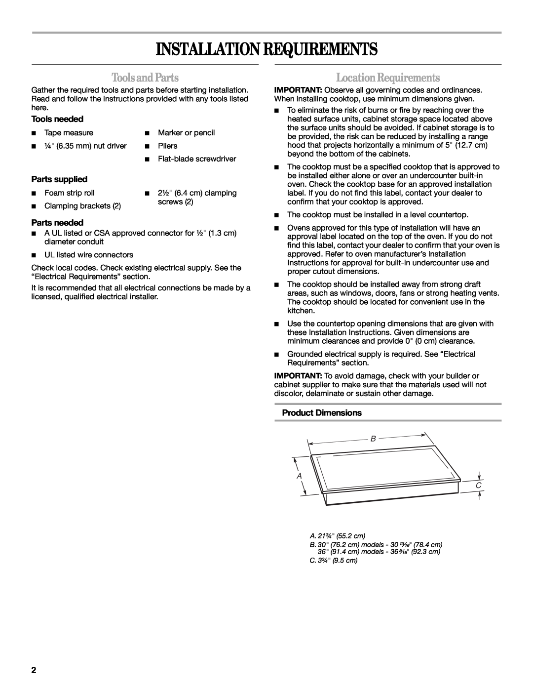 Whirlpool W10346695A installation instructions Installation Requirements, Tools and Parts, LocationRequirements, B A C 