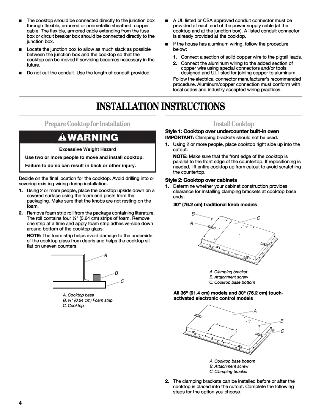 Whirlpool W10346695A Installation Instructions, Prepare Cooktop for Installation, Install Cooktop, Excessive Weight Hazard 
