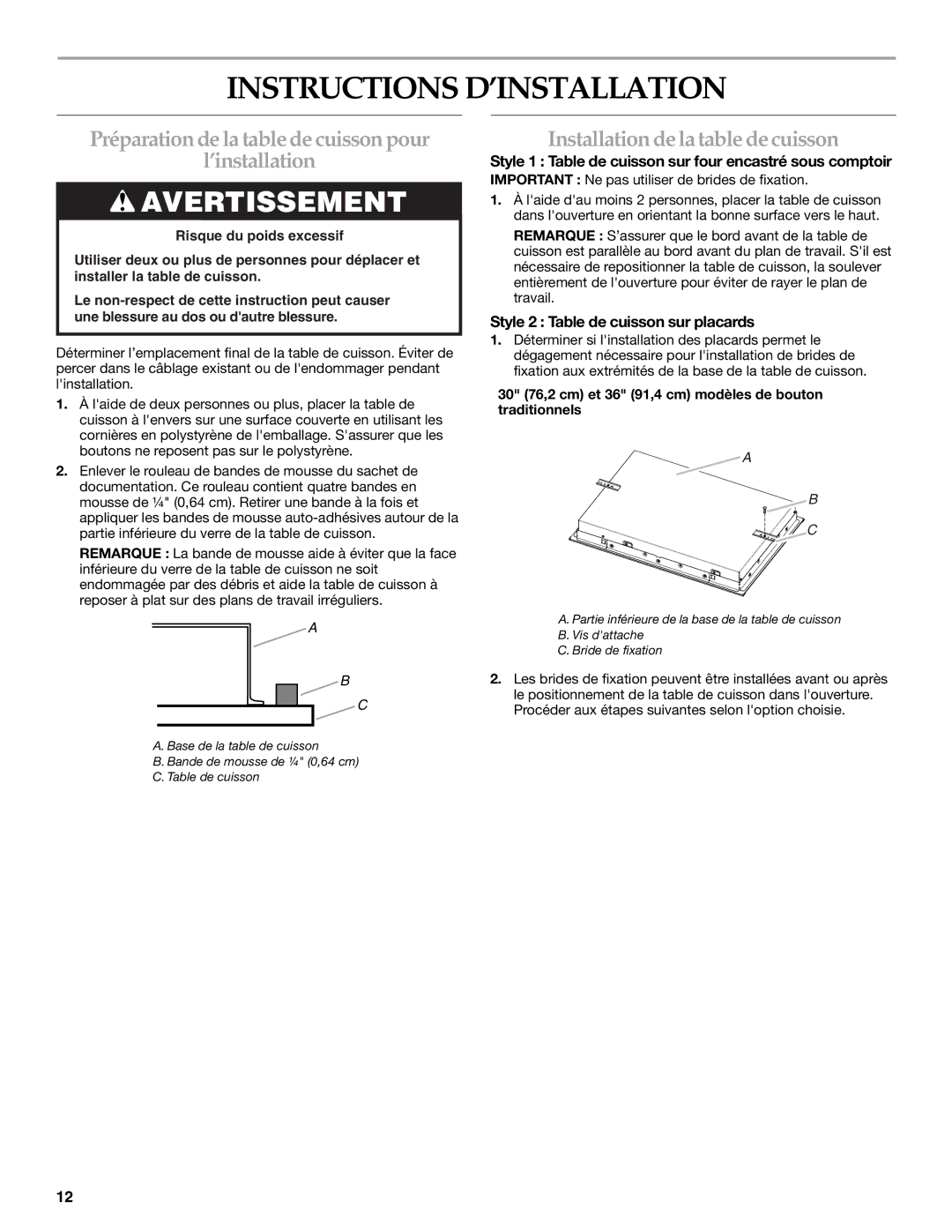 Whirlpool W10353374A Instructions D’INSTALLATION, Préparation de la table de cuisson pour ’installation 