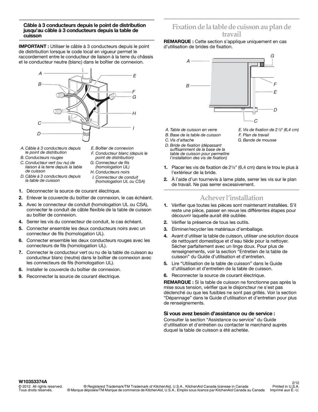 Whirlpool W10353374A installation instructions Fixation de la table de cuisson au plan de Travail, Achever l’installation 