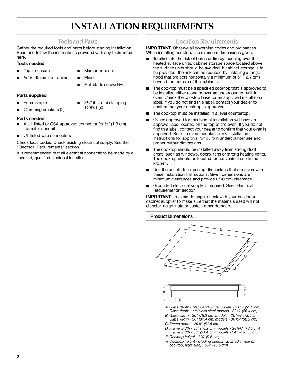 Whirlpool W10353374A installation instructions Installation Requirements, Tools and Parts, Location Requirements 