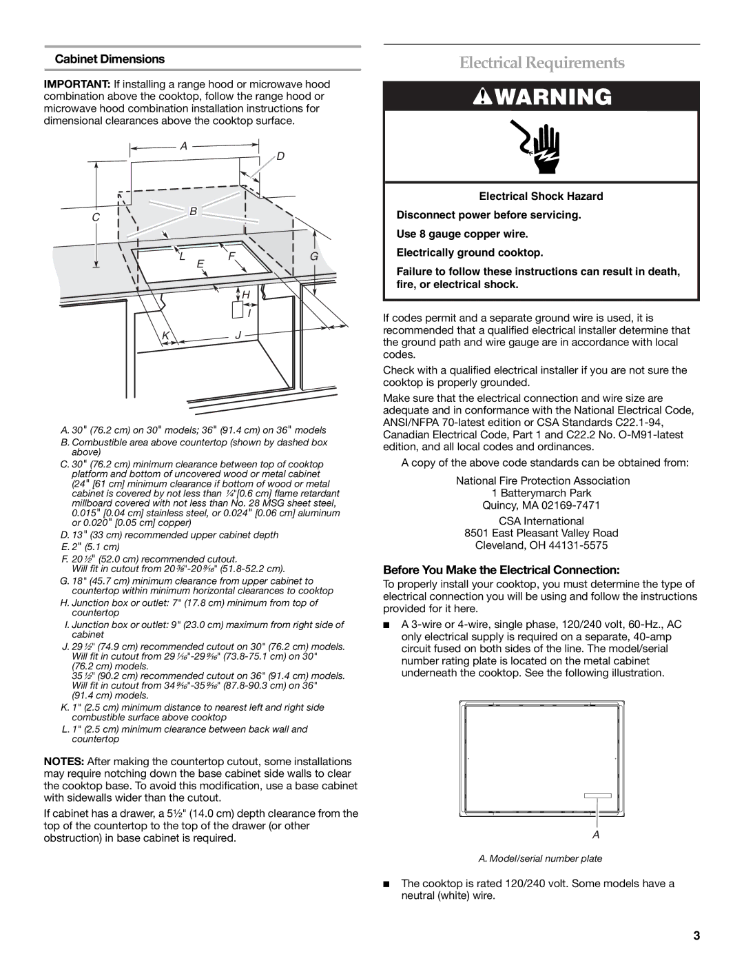 Whirlpool W10353374A Electrical Requirements, Cabinet Dimensions, Before You Make the Electrical Connection 