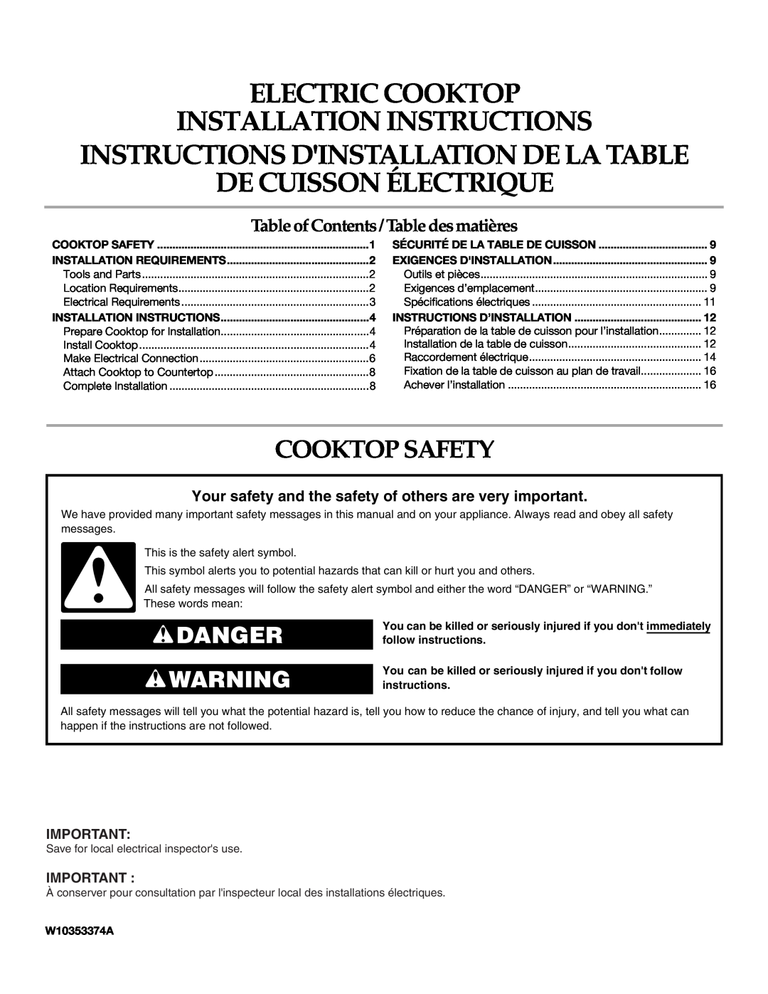 Whirlpool W10353374A installation instructions Cooktop Safety, Danger, Electric Cooktop Installation Instructions 