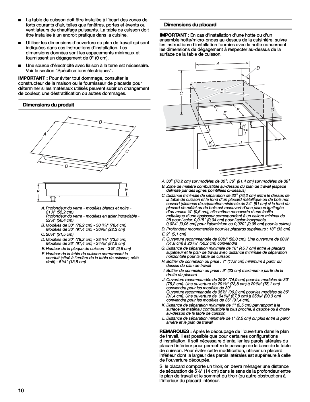 Whirlpool W10353374A installation instructions Dimensions du produit, Dimensions du placard, B A C D, A D C B L Fg E H I Kj 