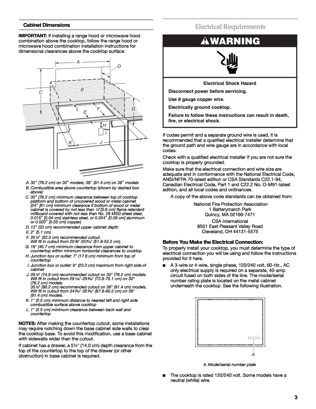 Whirlpool W10353374A Electrical Requirements, Cabinet Dimensions, Before You Make the Electrical Connection 
