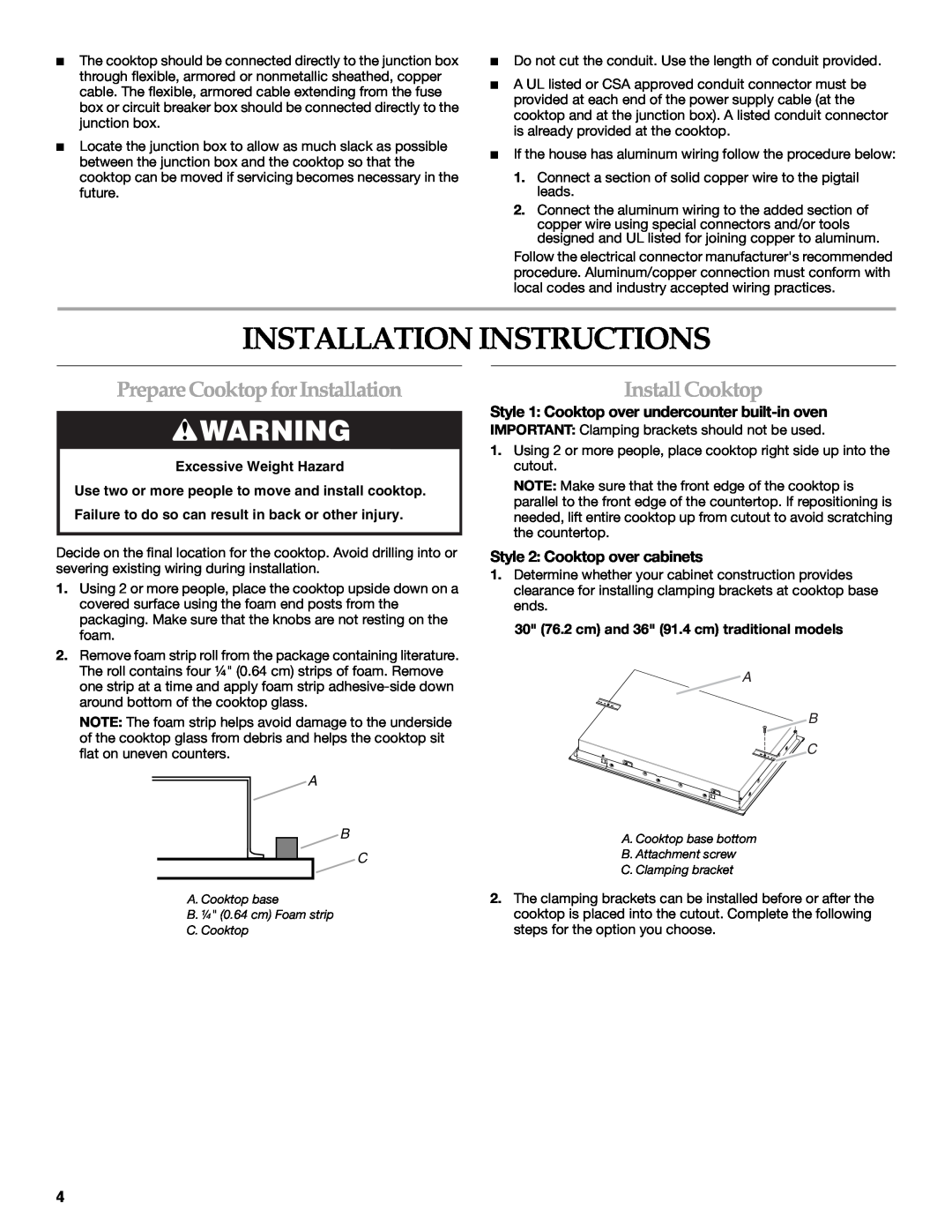 Whirlpool W10353374A Installation Instructions, Prepare Cooktop for Installation, Install Cooktop, Excessive Weight Hazard 