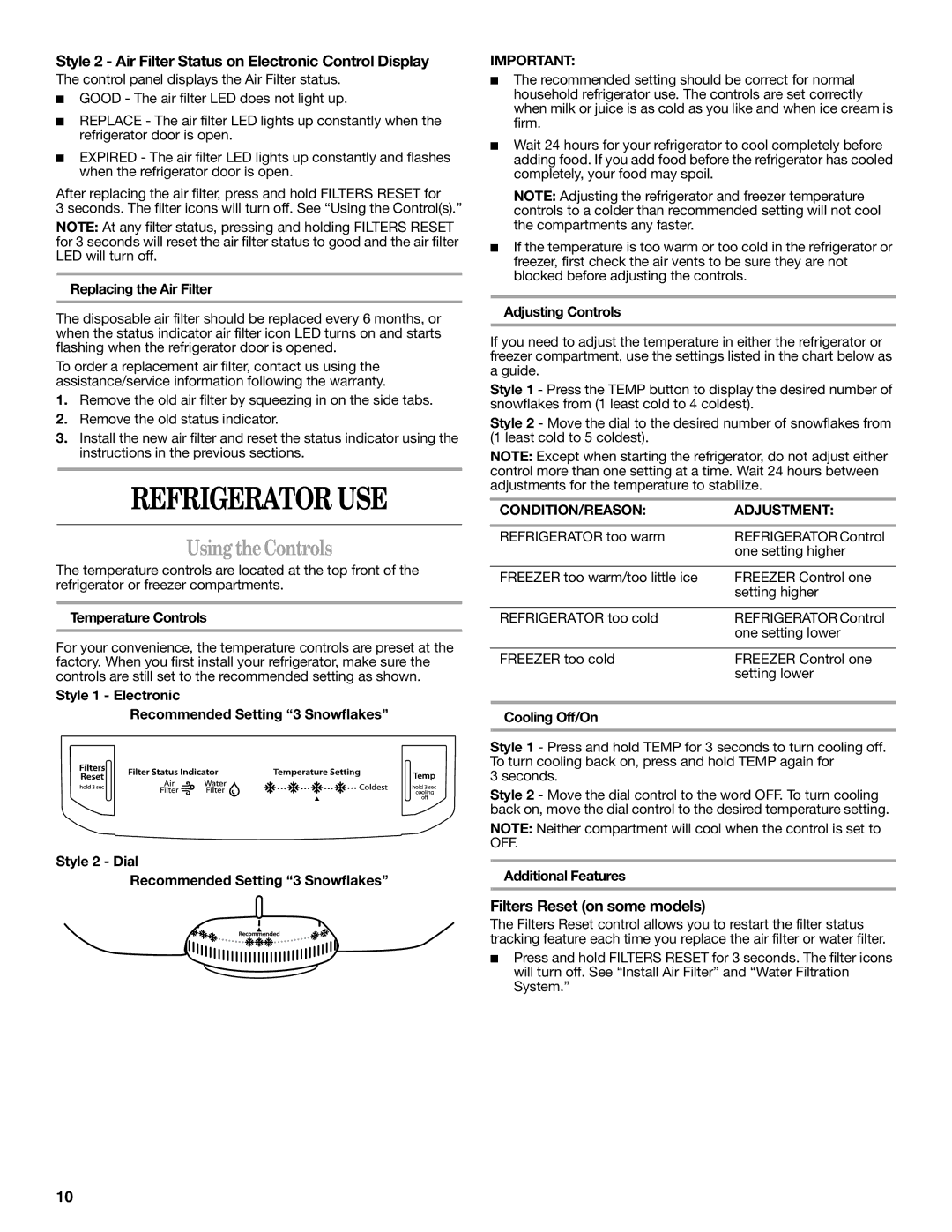 Whirlpool WRT359SFYF Refrigerator USE, Using the Controls, Style 2 Air Filter Status on Electronic Control Display 