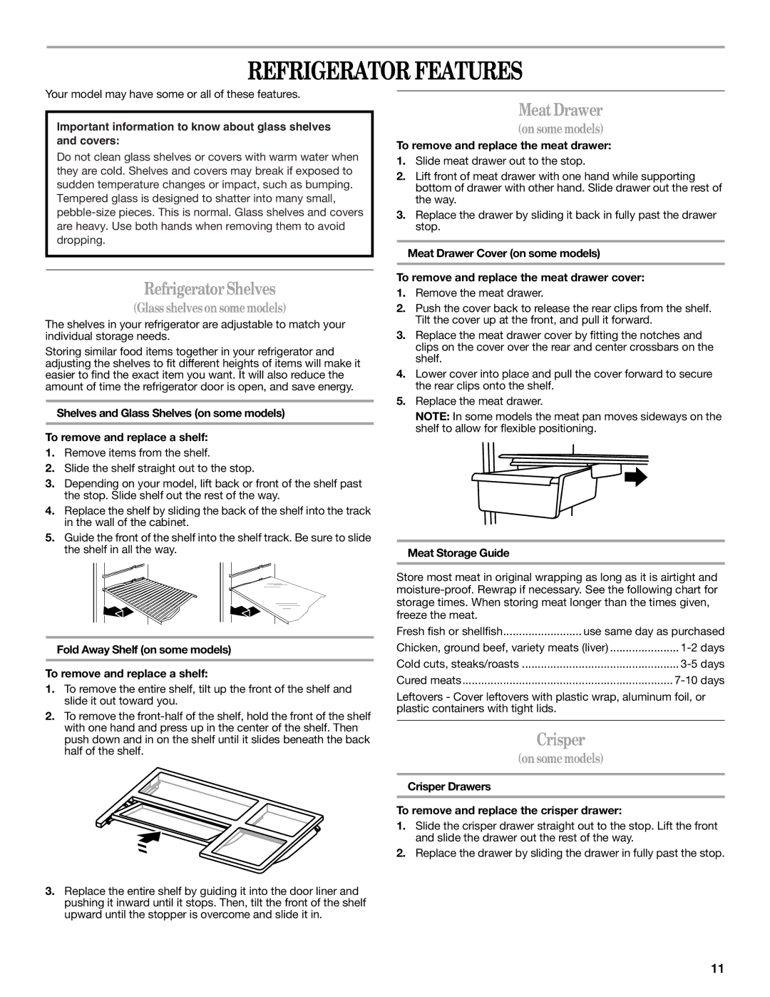 Whirlpool WRT351SFYF, W10359300A, WRT359SFYW, WRT359SFYM Refrigerator Features, Refrigerator Shelves, Meat Drawer, Crisper 