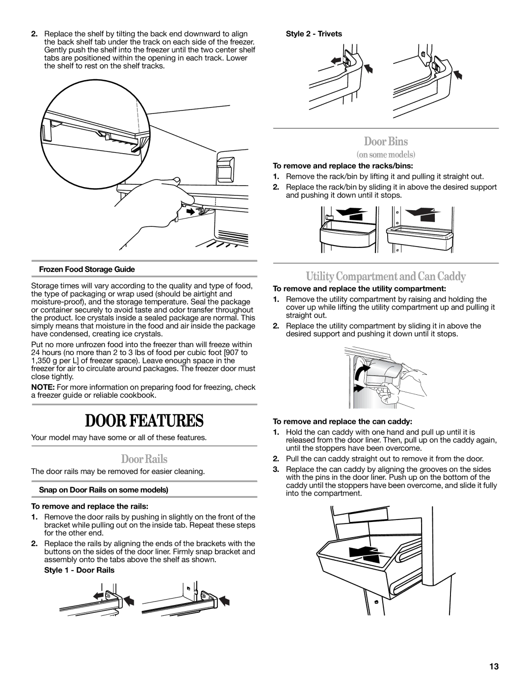 Whirlpool WRT359SFYW, W10359300A, WRT359SFYM Door Features, Door Rails, Door Bins, Utility Compartment and Can Caddy 