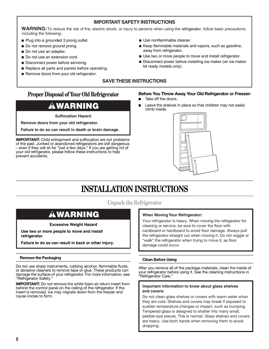 Whirlpool WRT359SFYM Installation Instructions, Unpack the Refrigerator, Remove the Packaging Clean Before Using 