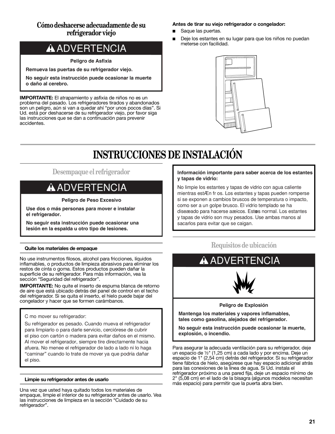 Whirlpool WRT138TFYS, W10359300A Instrucciones DE Instalación, Desempaque el refrigerador, Requisitos de ubicación 