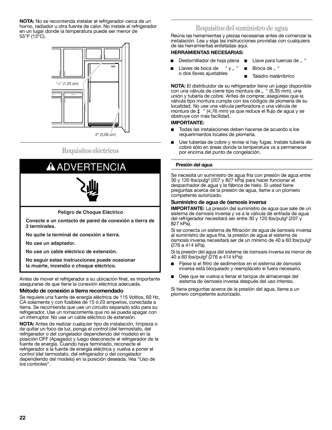 Whirlpool WRT359SFYF Requisitos eléctricos, Requisitos del suministro de agua, Método de conexión a tierra recomendado 