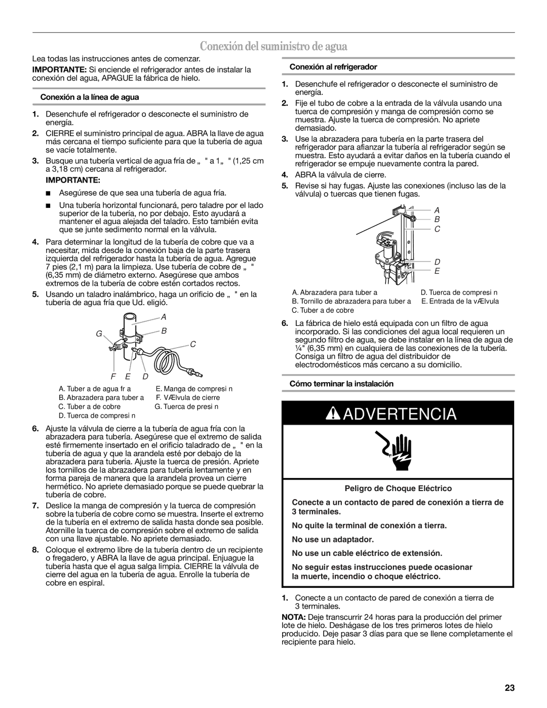 Whirlpool WRT351SFYF, W10359300A Conexión del suministro de agua, Conexión a la línea de agua, Conexión al refrigerador 