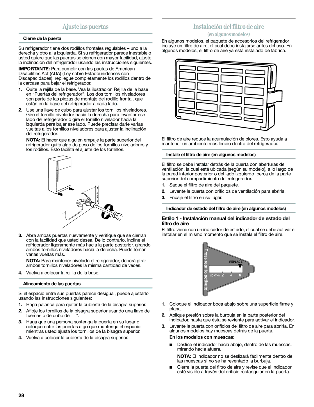 Whirlpool WRT311SFYW, W10359300A, WRT359SFYW, WRT359SFYM, WRT359SFYB Ajustelas puertas, Instalación del filtro de aire 