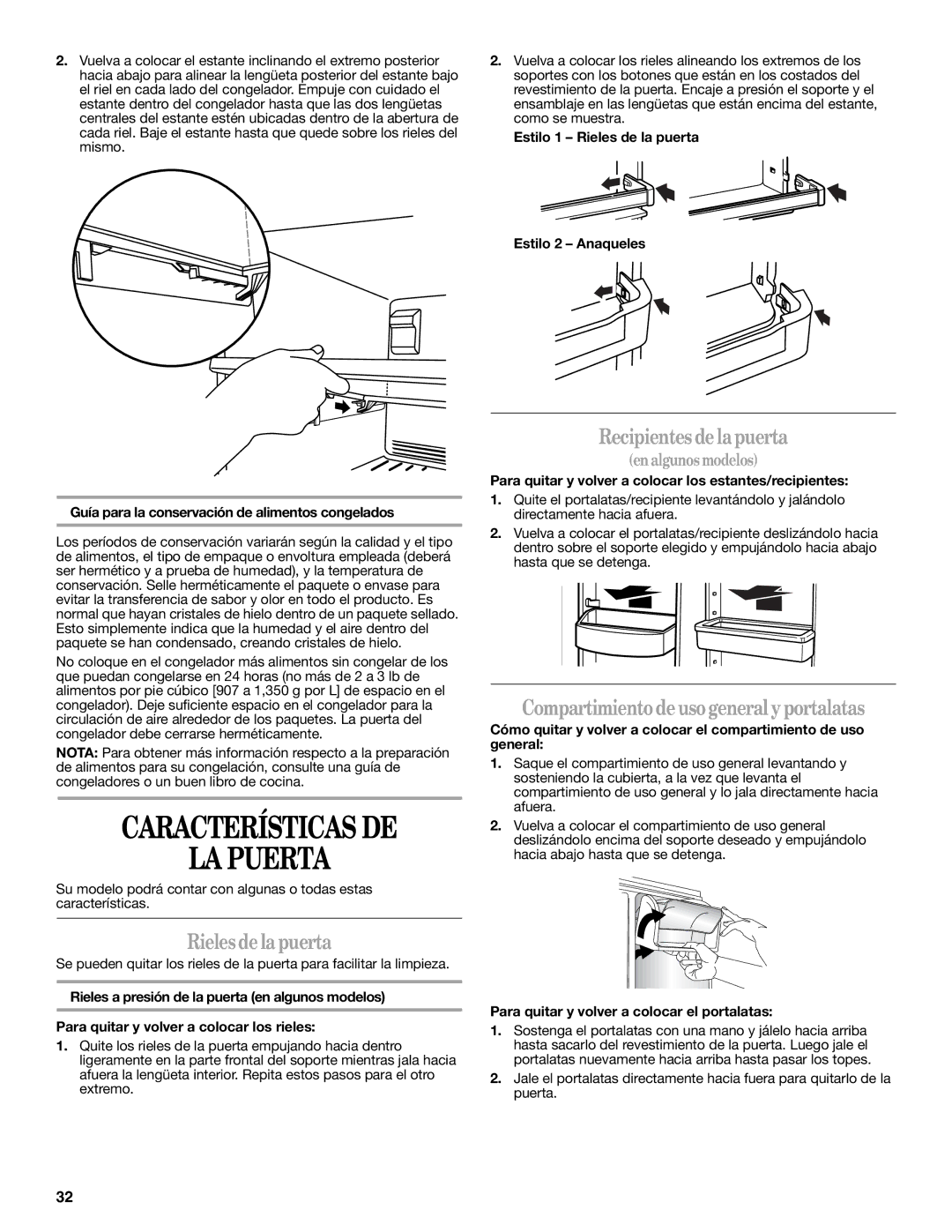 Whirlpool WRT311SFYT, W10359300A, WRT359SFYW Características DE LA Puerta, Rieles de la puerta, Recipientes de la puerta 