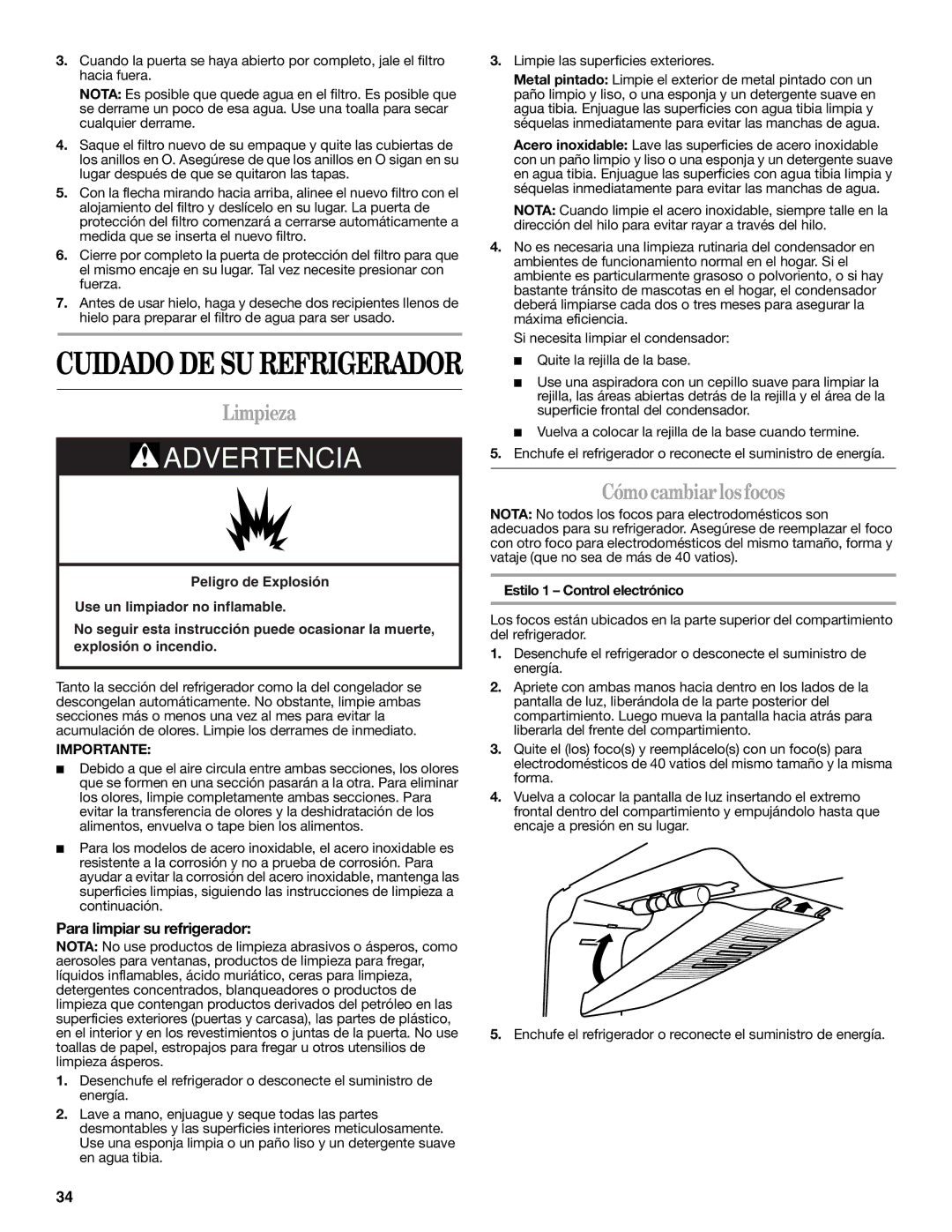 Whirlpool WRT359SFYF Limpieza, Cómo cambiar los focos, Para limpiar su refrigerador, Estilo 1 Control electrónico 