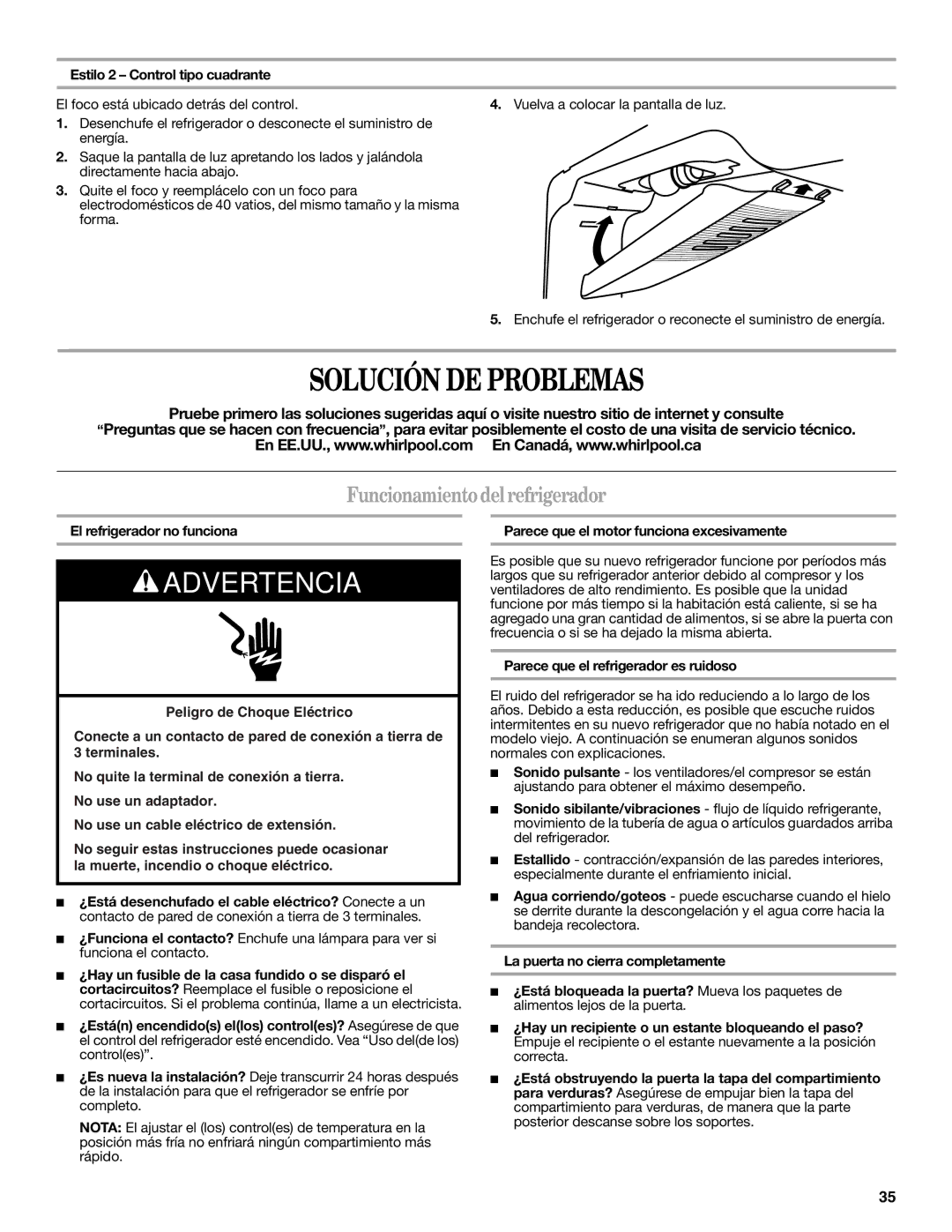 Whirlpool WRT351SFYF, W10359300A, WRT359SFYW, WRT359SFYM, WRT359SFYB Solución DE Problemas, Funcionamiento delrefrigerador 