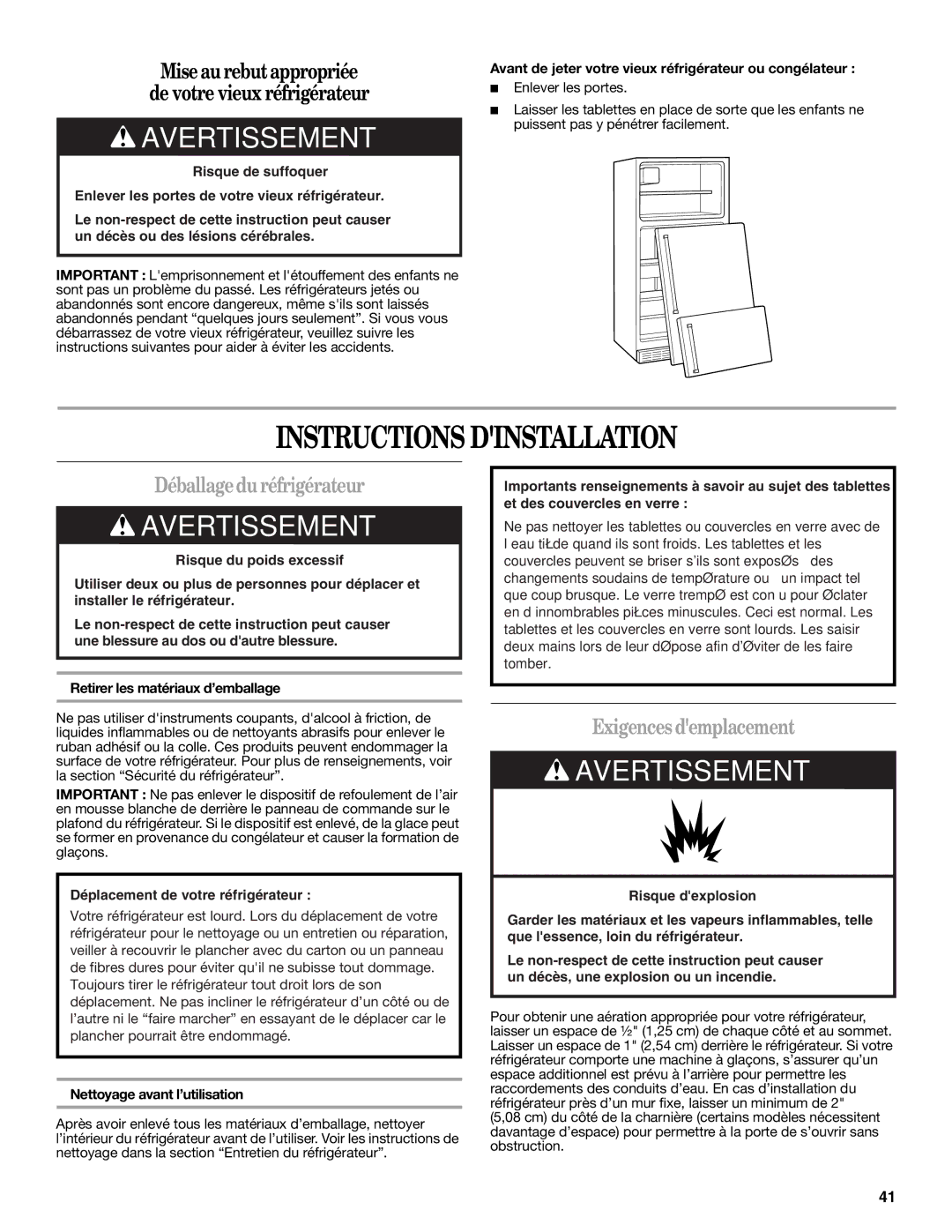 Whirlpool WRT351SFYM, W10359300A, WRT359SFYW Instructions Dinstallation, Déballagedu réfrigérateur, Exigences demplacement 