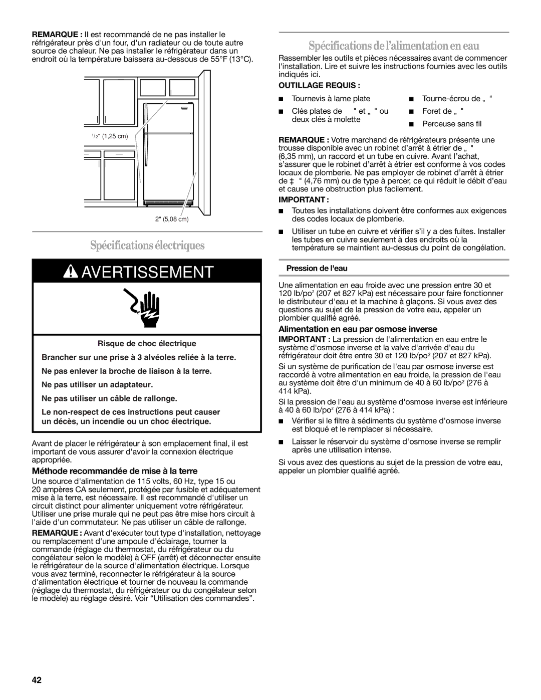 Whirlpool WRT351SFYB, W10359300A Spécificationsélectriques, Spécifications del’alimentationen eau, Outillage Requis 