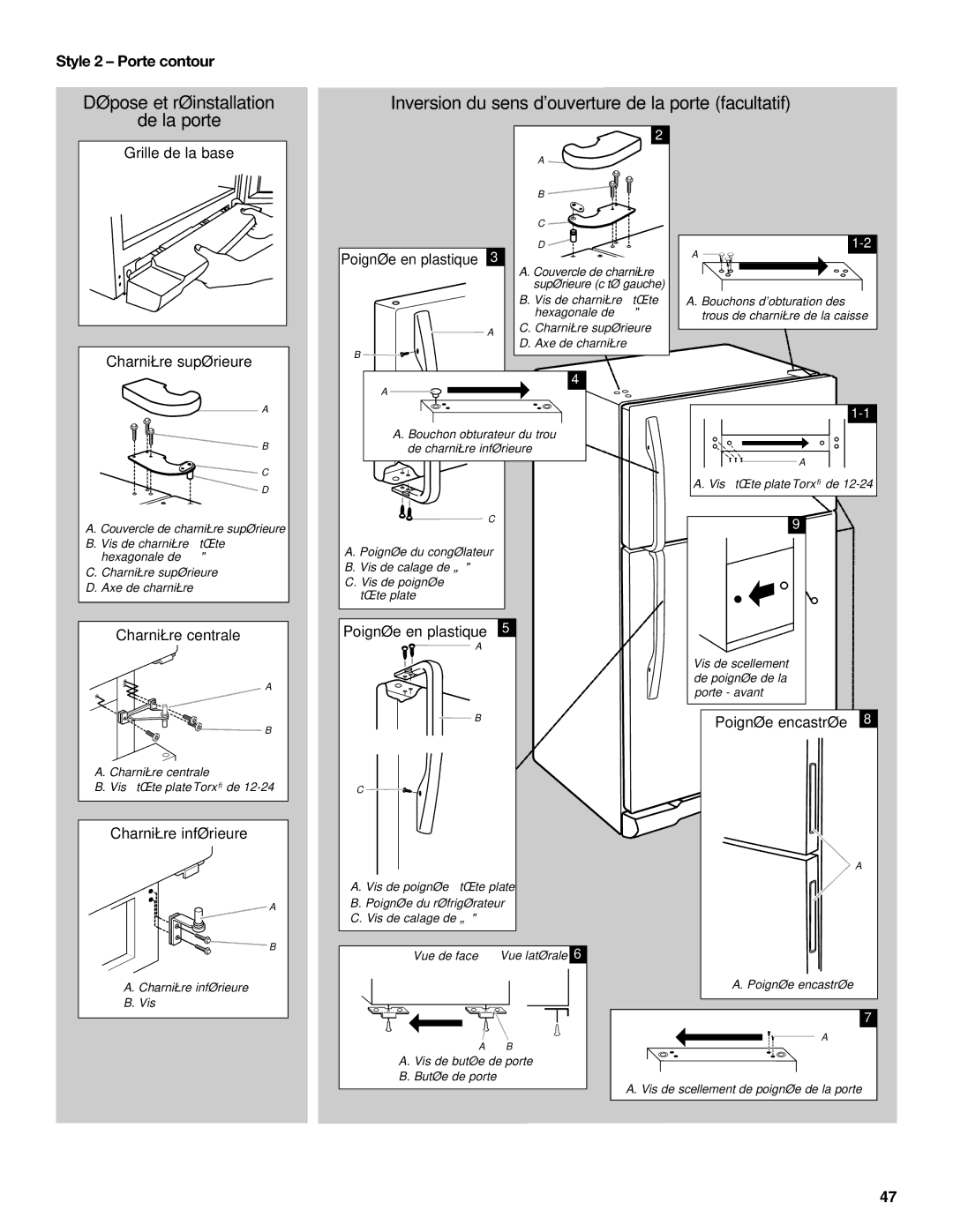 Whirlpool WRT351SFYF, W10359300A, WRT359SFYW, WRT359SFYM, WRT359SFYB, WRT311SFYW Style 2 Porte contour, Poignée en plastique 