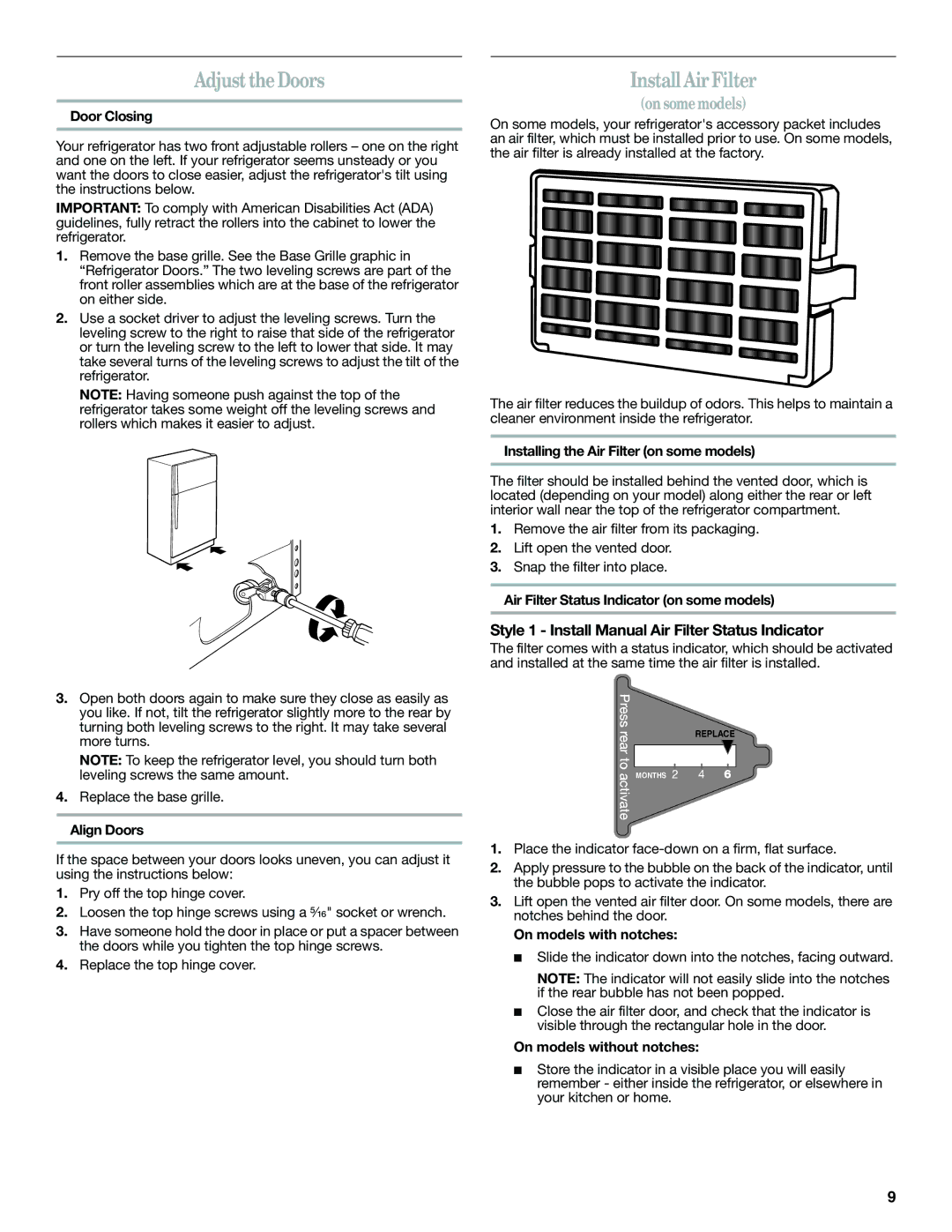 Whirlpool WRT138TFYS, W10359300A Adjust the Doors, Install Air Filter, Style 1 Install Manual Air Filter Status Indicator 