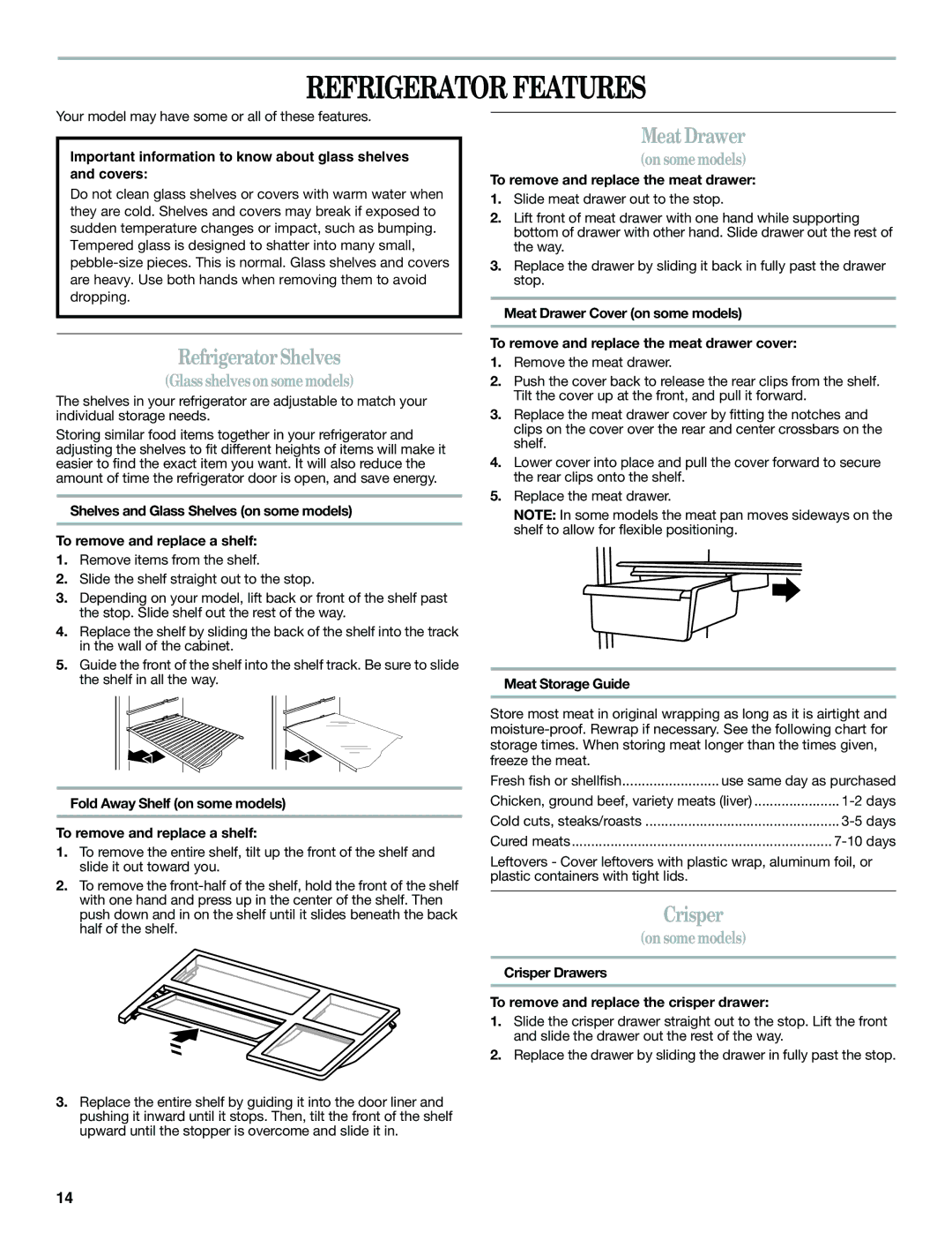 Whirlpool W10359303A installation instructions Refrigerator Features, Refrigerator Shelves, Meat Drawer, Crisper 