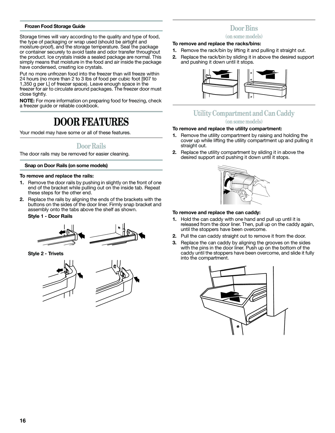 Whirlpool W10359303A installation instructions Door Features, Door Rails, Door Bins, Utility Compartment and Can Caddy 