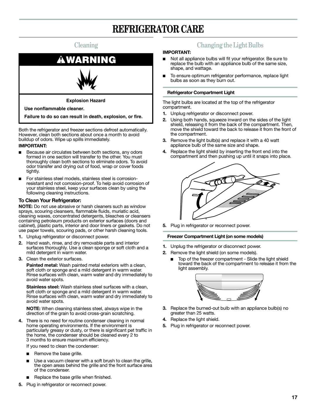 Whirlpool W10359303A Refrigerator Care, Cleaning, Changing the Light Bulbs, To Clean Your Refrigerator 