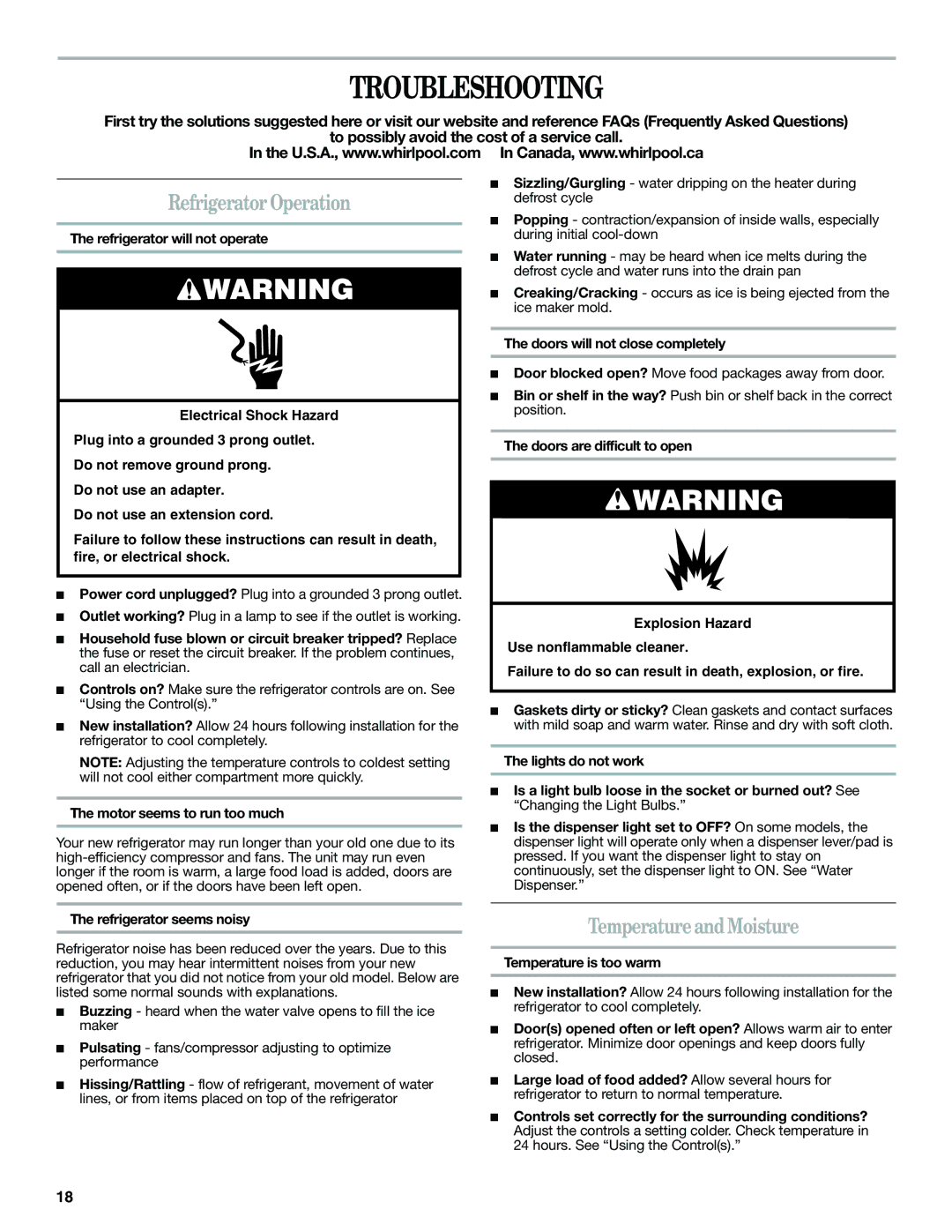 Whirlpool W10359303A installation instructions Troubleshooting, Refrigerator Operation, Temperature and Moisture 