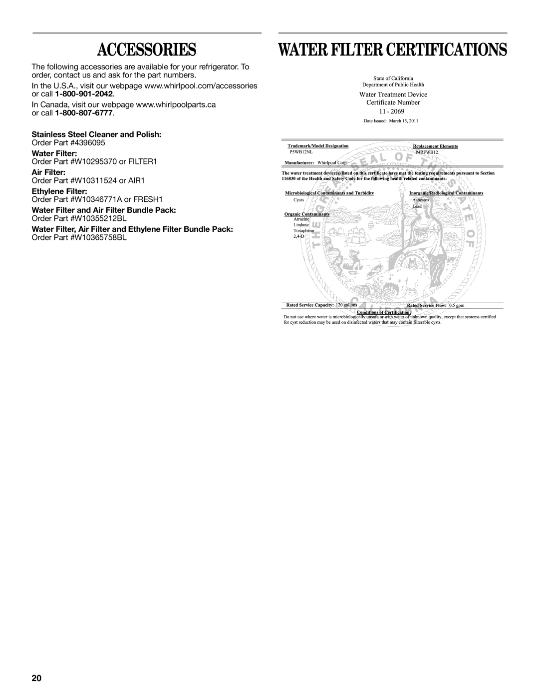 Whirlpool W10359303A installation instructions Accessories 