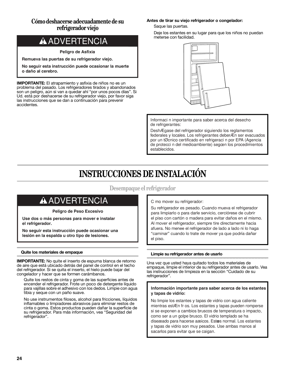 Whirlpool W10359303A installation instructions Instrucciones DE Instalación, Desempaque el refrigerador 