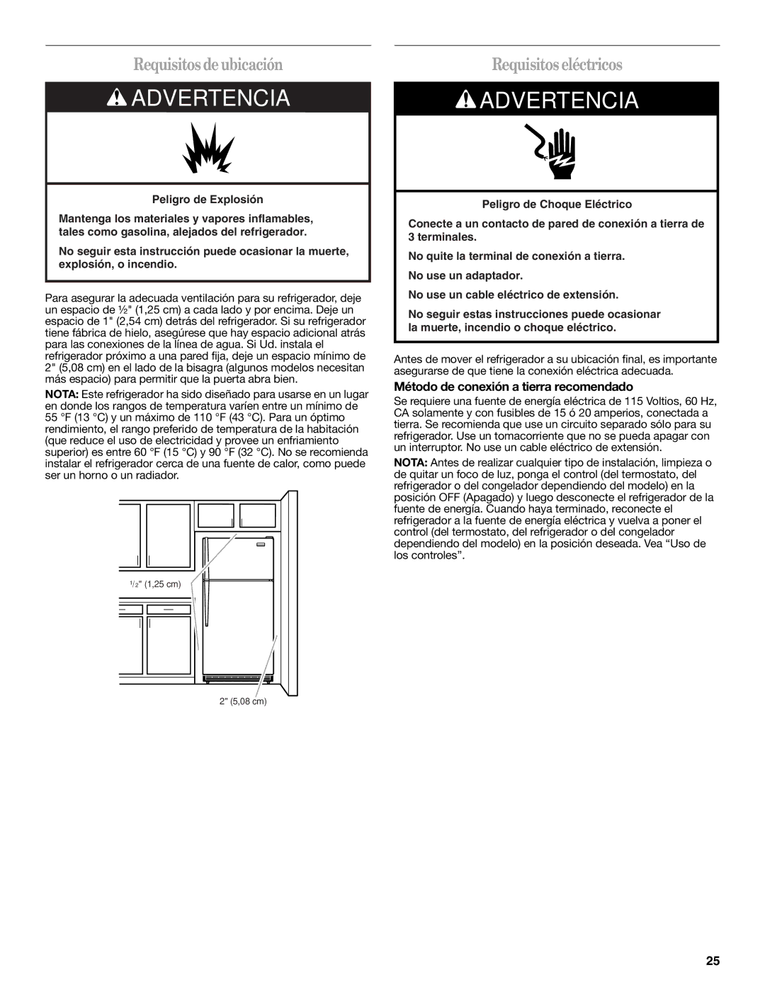 Whirlpool W10359303A Requisitos de ubicación, Requisitos eléctricos, Método de conexión a tierra recomendado 