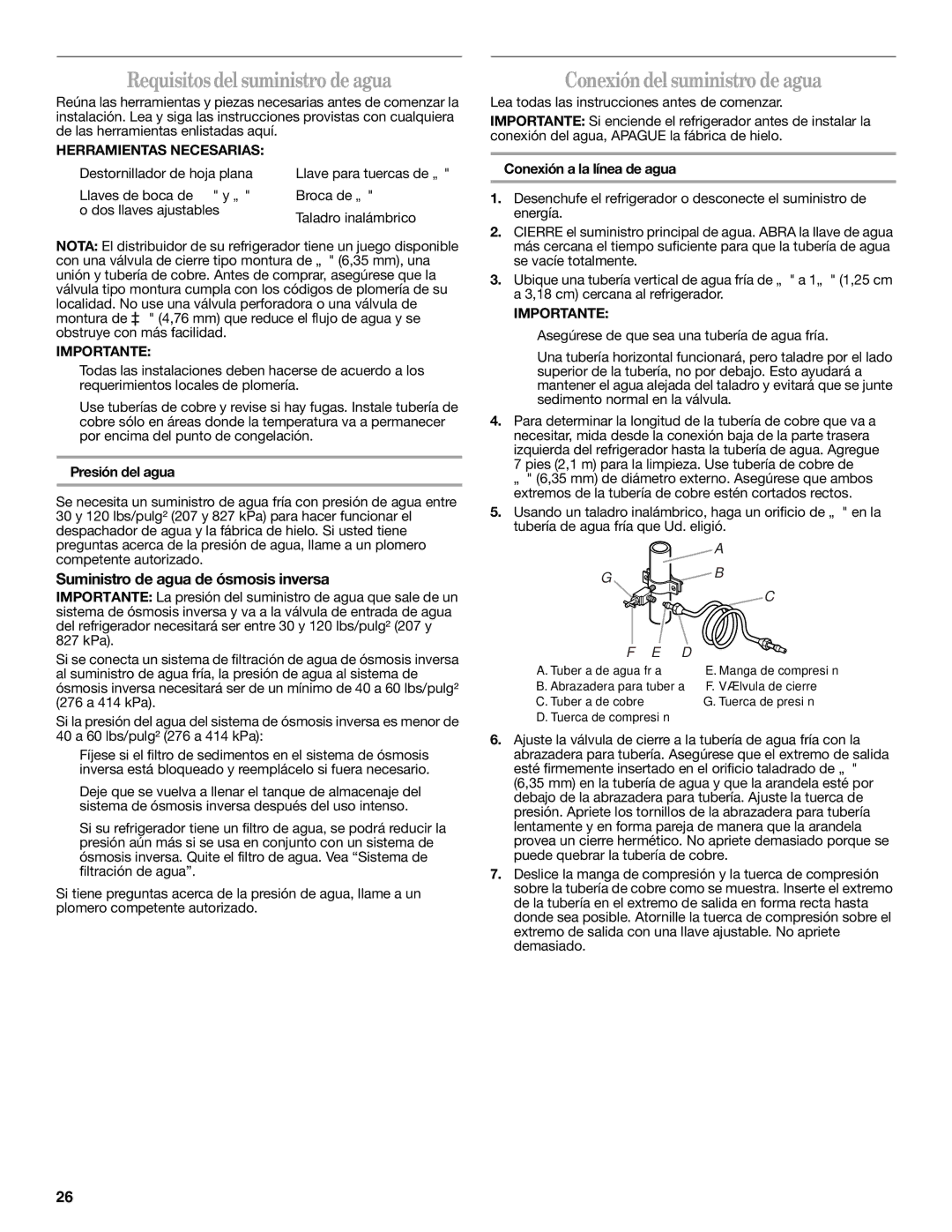 Whirlpool W10359303A Requisitos del suministro de agua, Conexión del suministro de agua, Herramientas Necesarias 