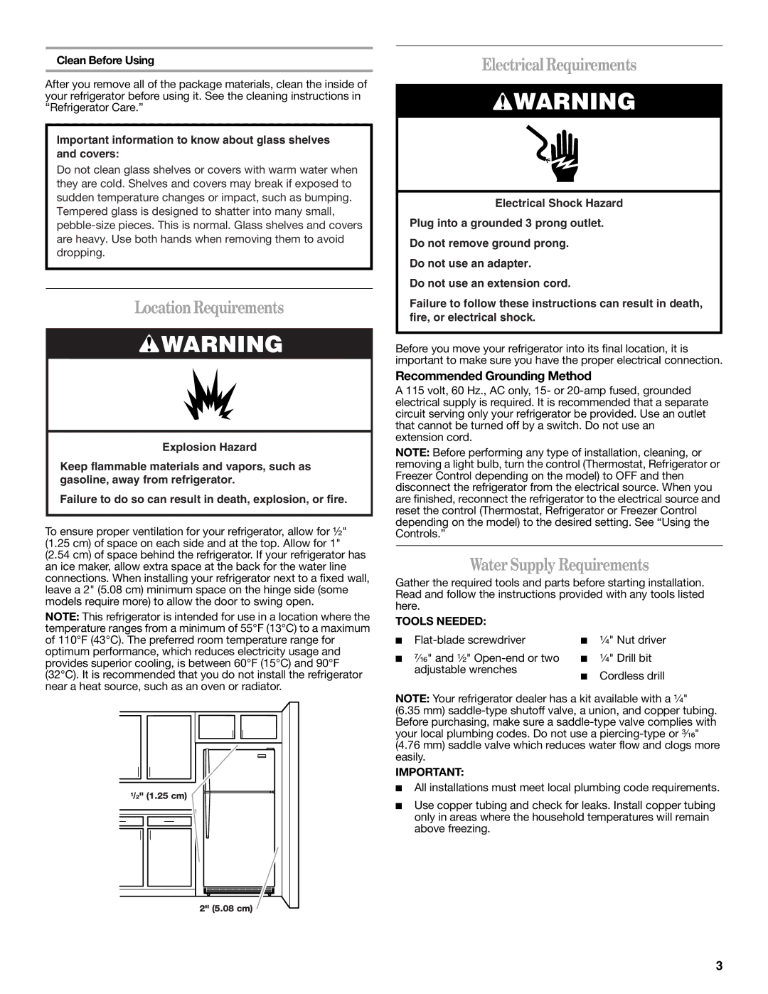 Whirlpool W10359303A LocationRequirements, Electrical Requirements, Water Supply Requirements, Tools Needed 