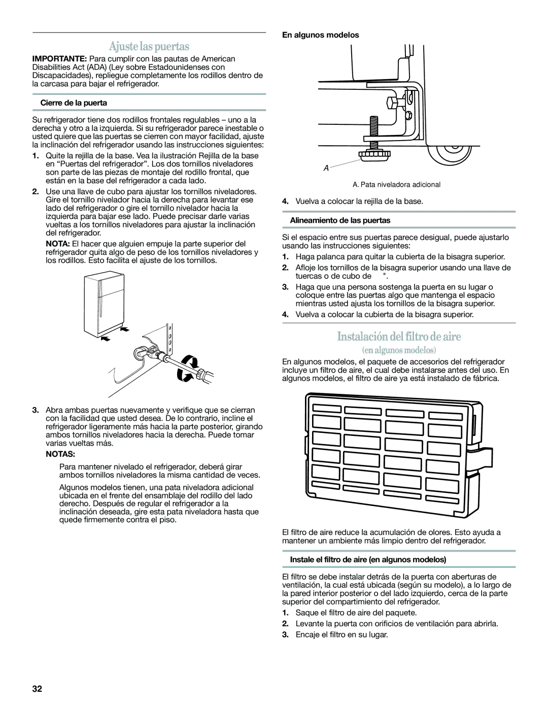 Whirlpool W10359303A installation instructions Ajustelas puertas, Instalación del filtro de aire, Notas 