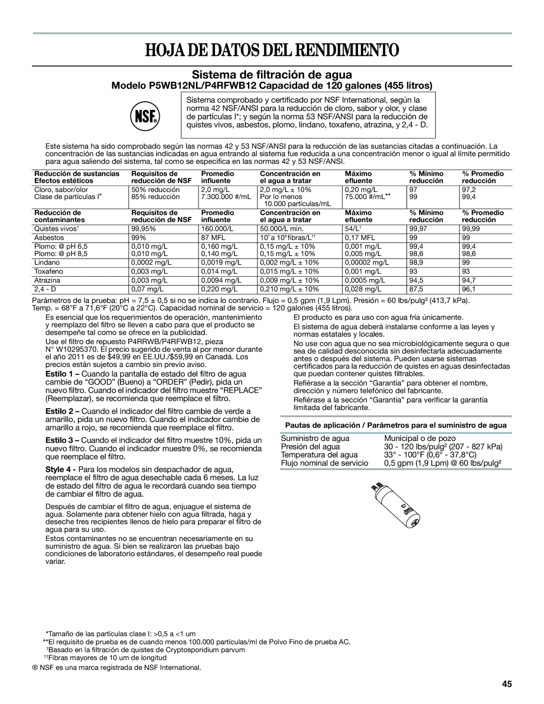 Whirlpool W10359303A installation instructions Hoja DE Datos DEL Rendimiento, Sistema de filtración de agua 