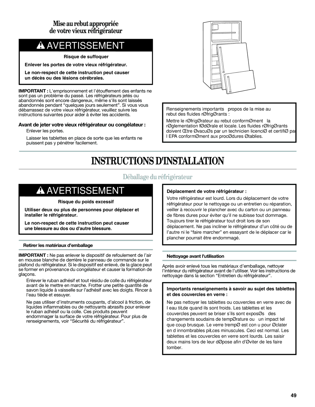 Whirlpool W10359303A Instructions Dinstallation, Déballage duréfrigérateur, Nettoyage avant l’utilisation 