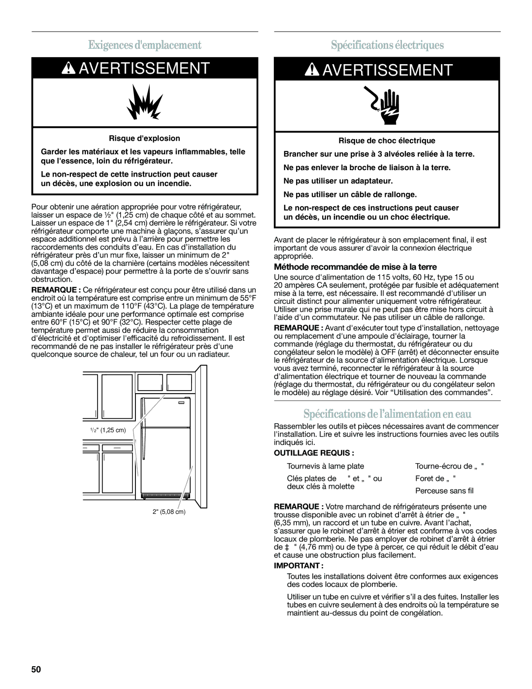 Whirlpool W10359303A Exigences demplacement, Spécifications électriques, Spécifications del’alimentationen eau 