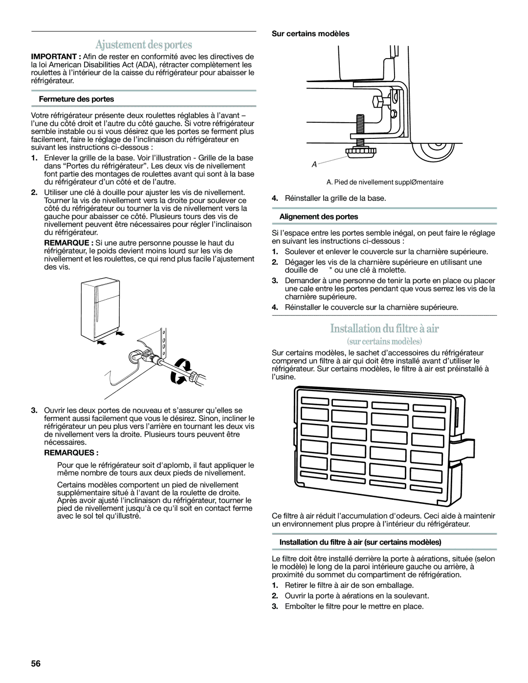 Whirlpool W10359303A installation instructions Ajustement desportes, Installationdu filtre à air, Remarques 